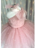 One Shoulder Blush Tulle Pearls Flower Girl Dress